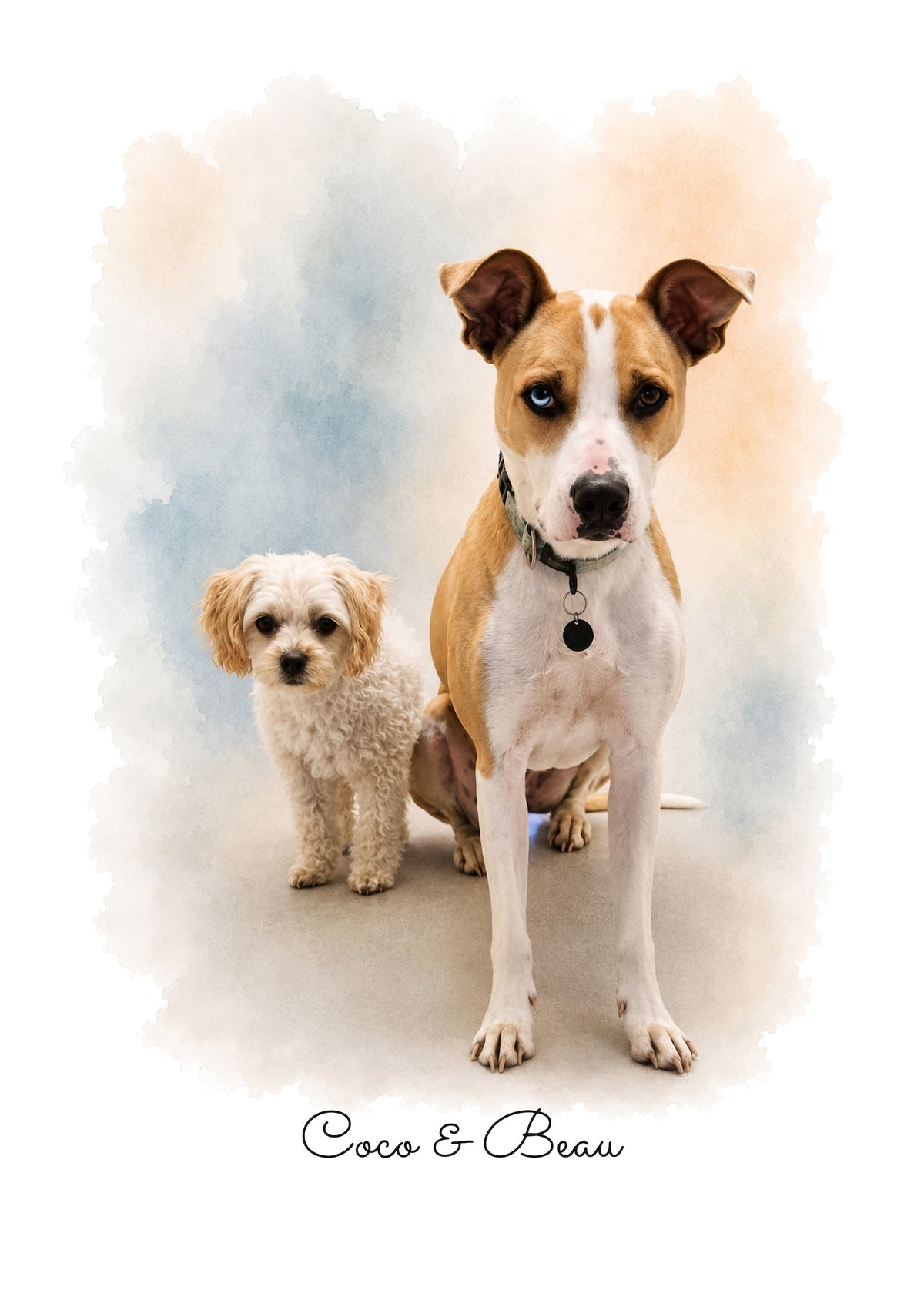 Custom watercolour pet portrait of Coco and Beau