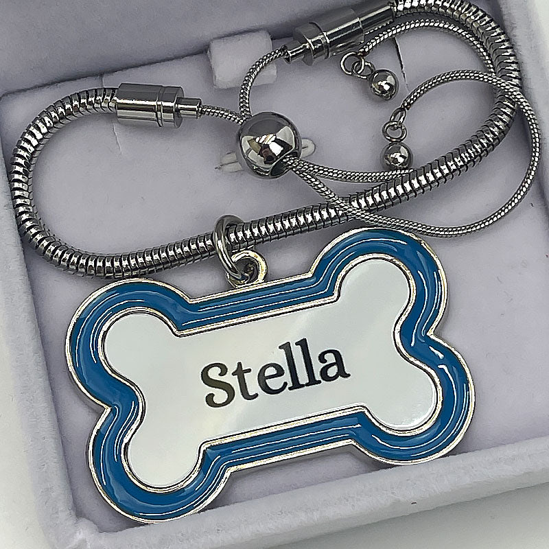 Blue Bone-Shaped Personalised Pet Urn Name Tag with Stainless Steel Sliding Chain