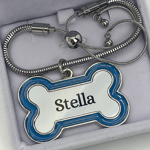 Blue Bone-Shaped Personalised Pet Urn Name Tag with Stainless Steel Sliding Chain
