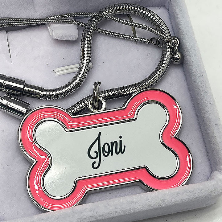 Pink Bone-Shaped Personalised Pet Urn Name Tag with Stainless Steel Sliding Chain