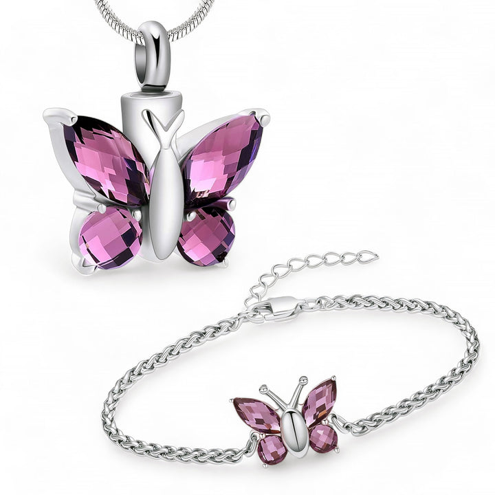 Butterfly Crystal Memorial Pendant and Bracelet Bundle for Pet Ashes