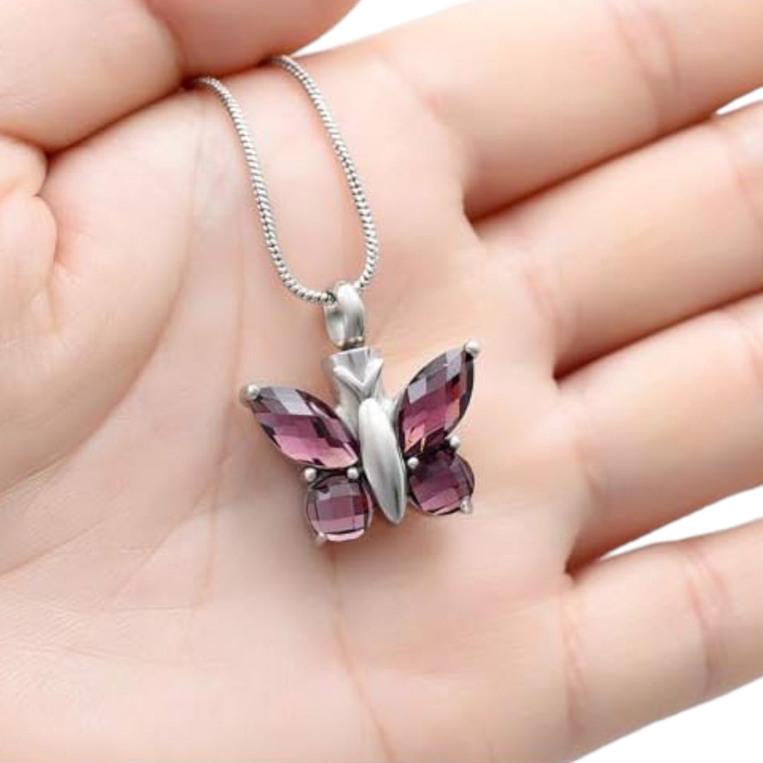 Butterfly Crystal Memorial Pendant for Pet Ashes - Includes Necklace