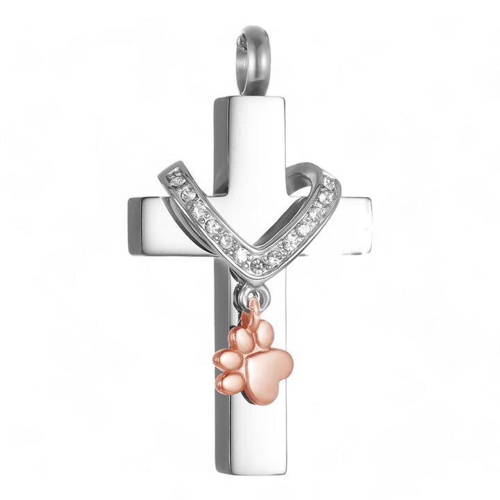 Cross and Paw Memorial Pendant for Pet Ashes - Includes Necklace