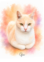 Custom watercolour portrait of Gus the ginger and white cat