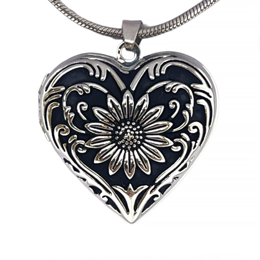 Engraved Stainless Steel Heart Locket | Floral Pet Cremation Pendant with Snake Chain