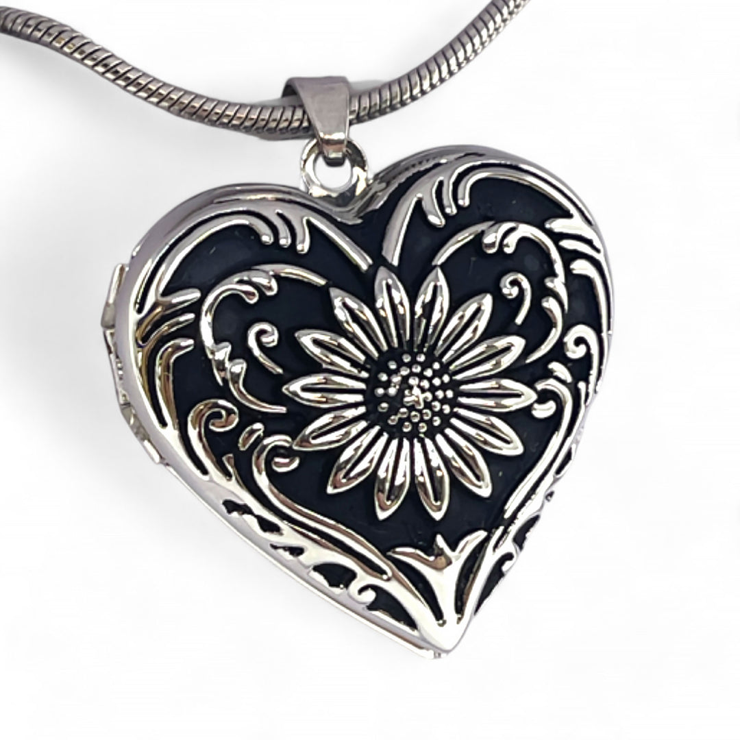 Engraved Stainless Steel Heart Locket | Floral Pet Cremation Pendant with Snake Chain