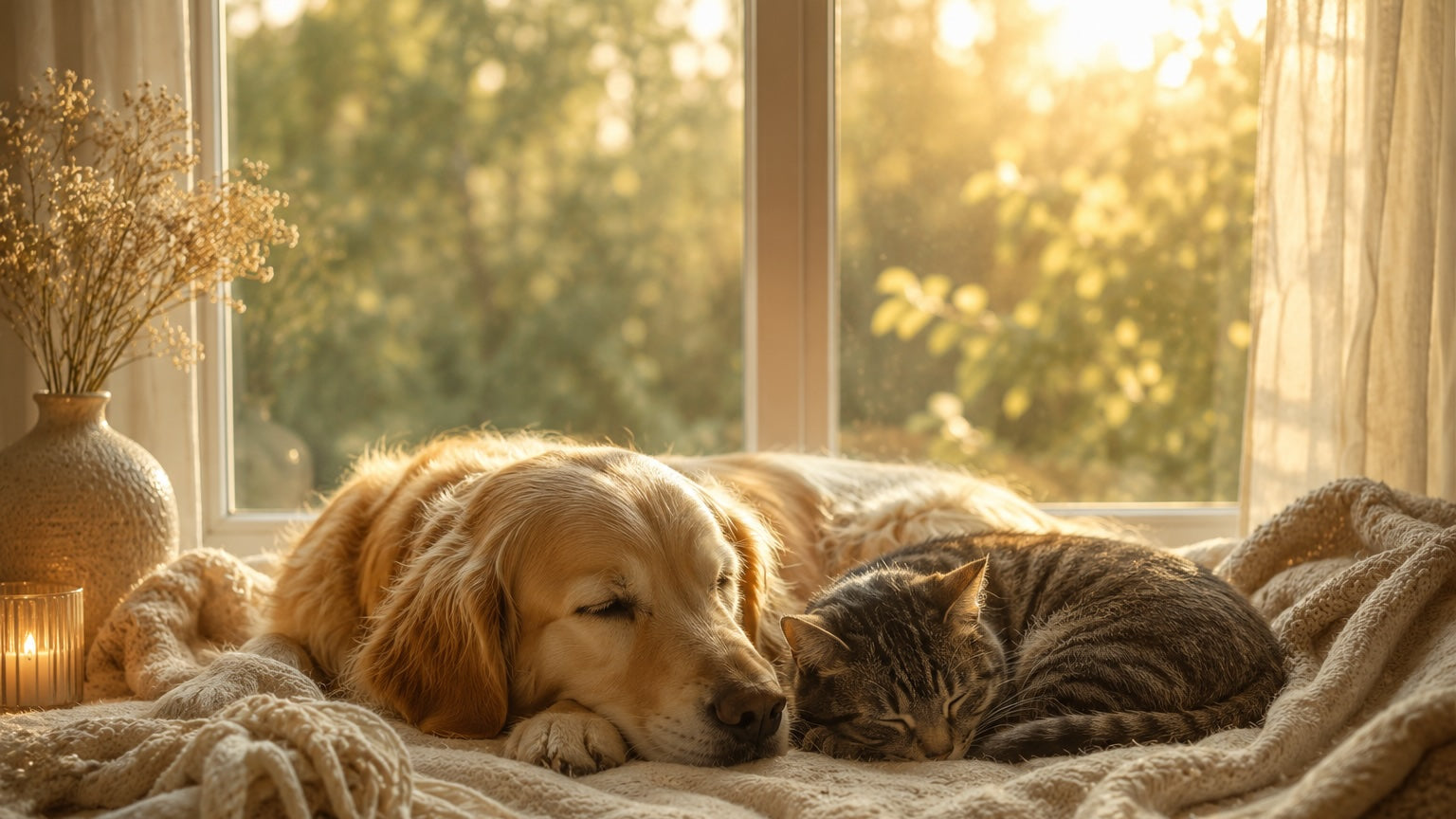 Dog and cat lying on a blanket by a window with sunlight streaming in