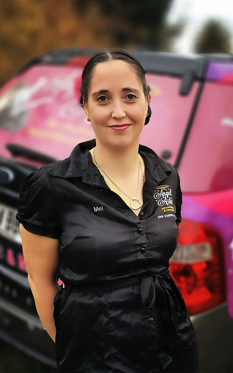 Mel Hyland, founder of Angel Ashes, standing in front of the company vehicle.