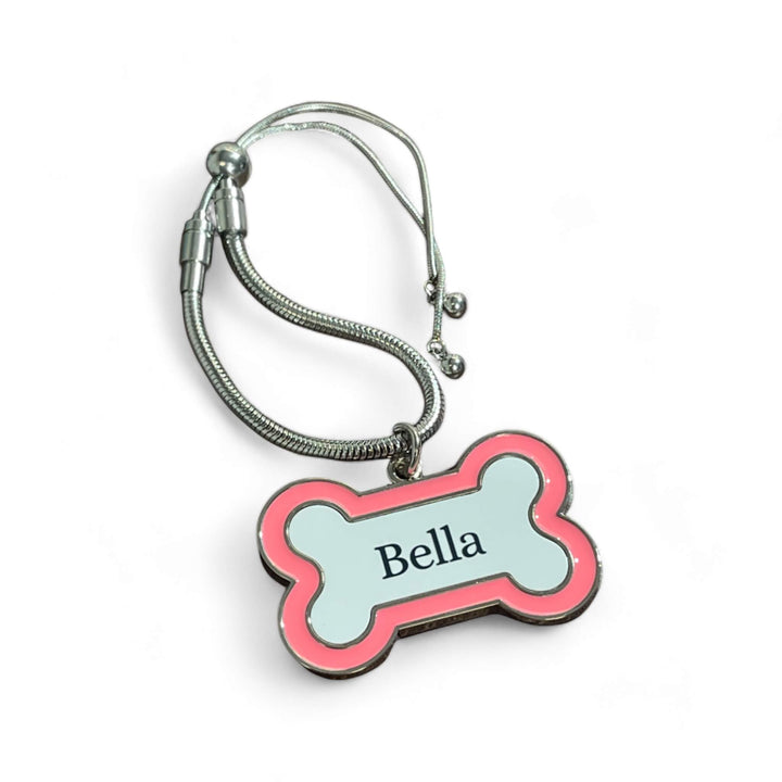 Pink Bone-Shaped Personalised Pet Urn Name Tag with Stainless Steel Sliding Chain