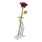 Angled view of red rose pet memorial keepsake on stand