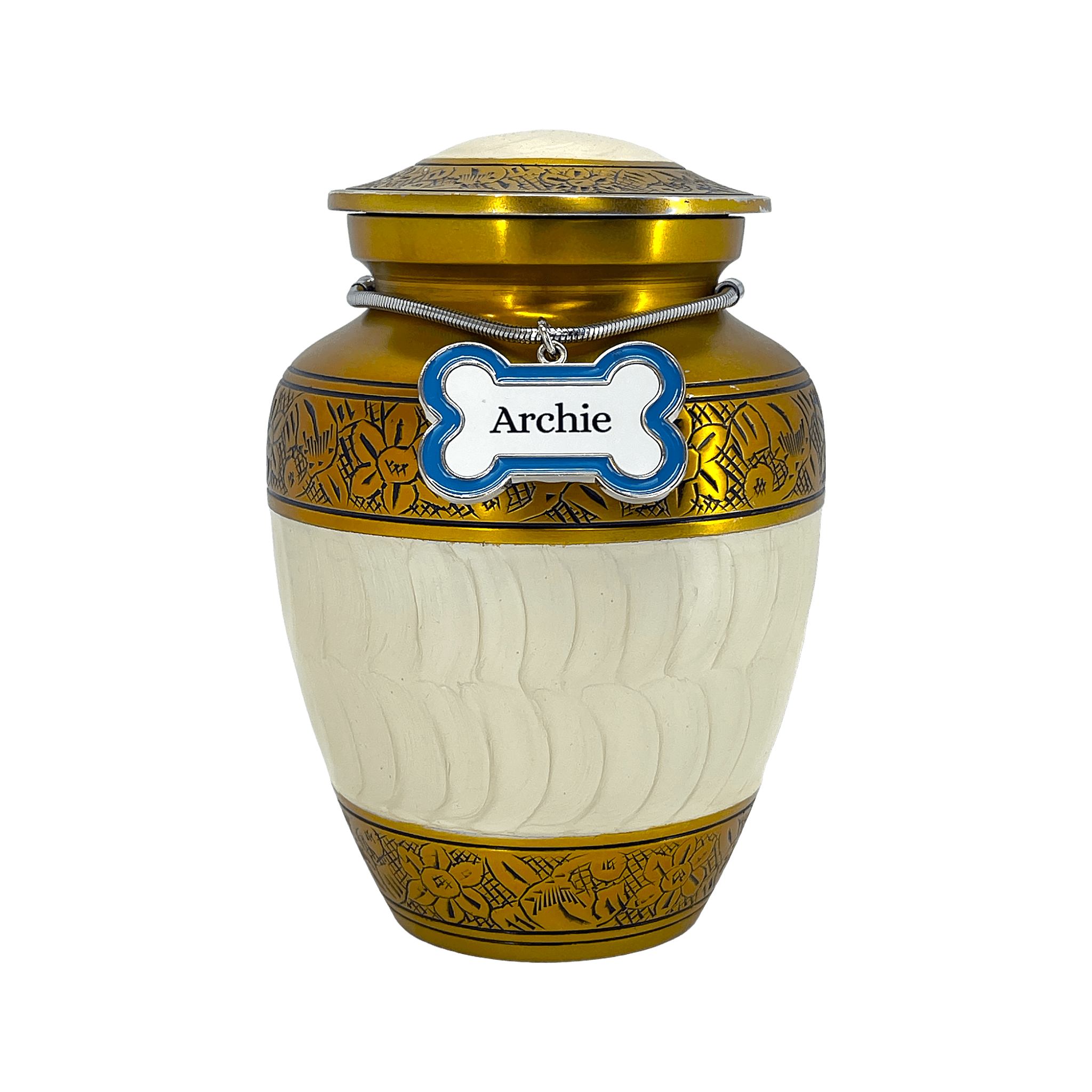 Blue or Pink Bone-Shaped Personalised Pet Urn Name Tag with Stainless Steel Sliding Chain - Angel Ashes