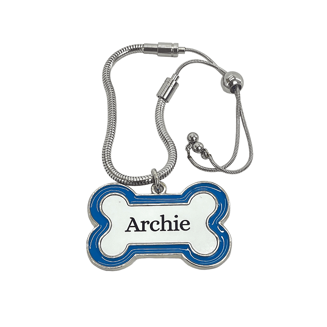 Blue or Pink Bone-Shaped Personalised Pet Urn Name Tag with Stainless Steel Sliding Chain - Angel Ashes