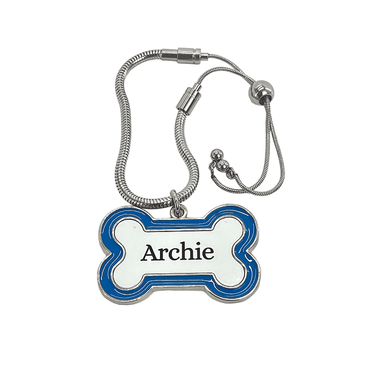 Blue or Pink Bone-Shaped Personalised Pet Urn Name Tag with Stainless Steel Sliding Chain - Angel Ashes