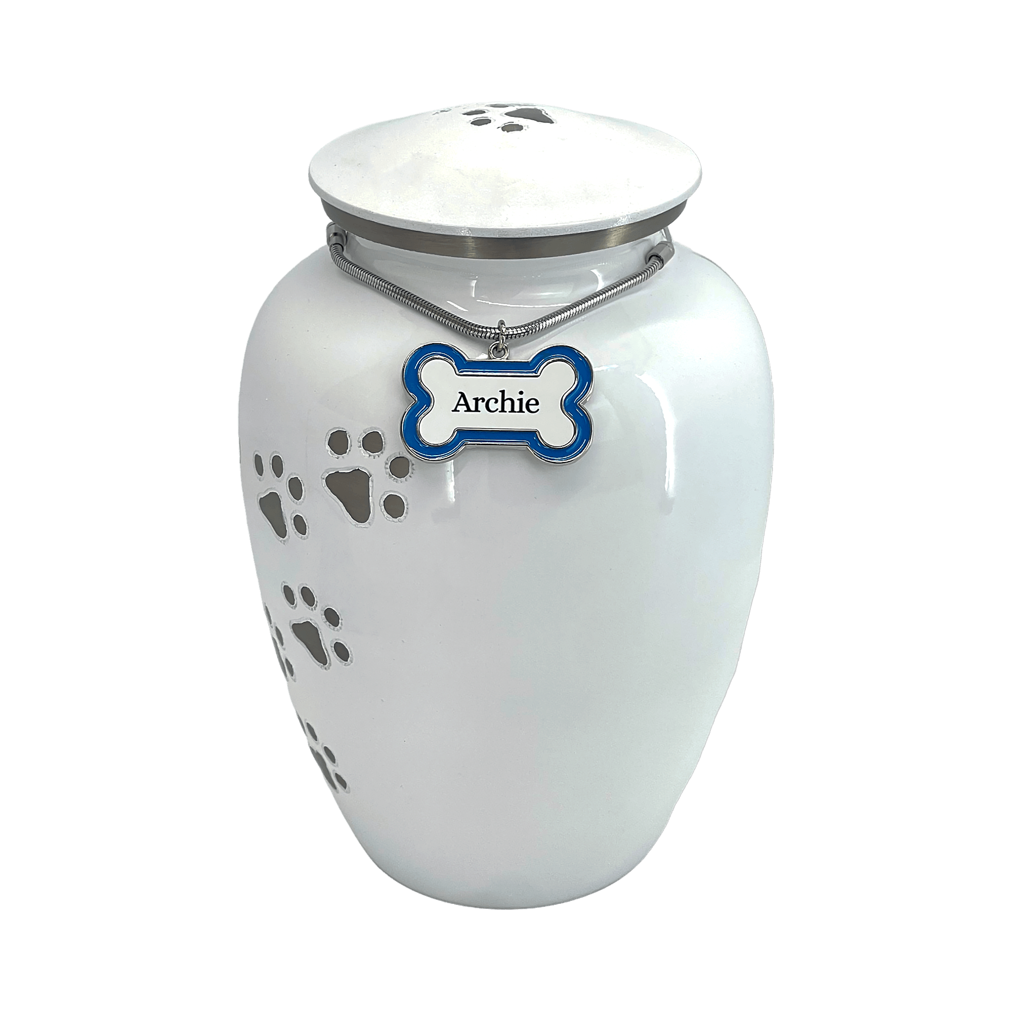 Blue or Pink Bone-Shaped Personalised Pet Urn Name Tag with Stainless Steel Sliding Chain - Angel Ashes