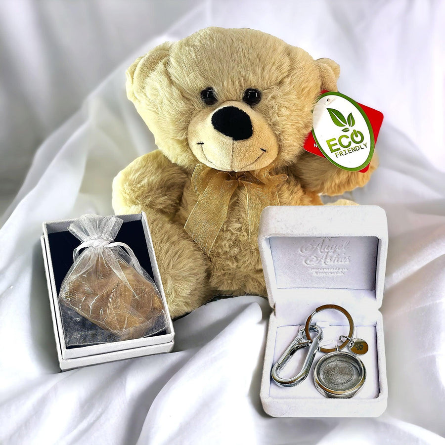Eco Teddy Bear with Fur or Feather, and Locket Keyring Bundle - Angel Ashes