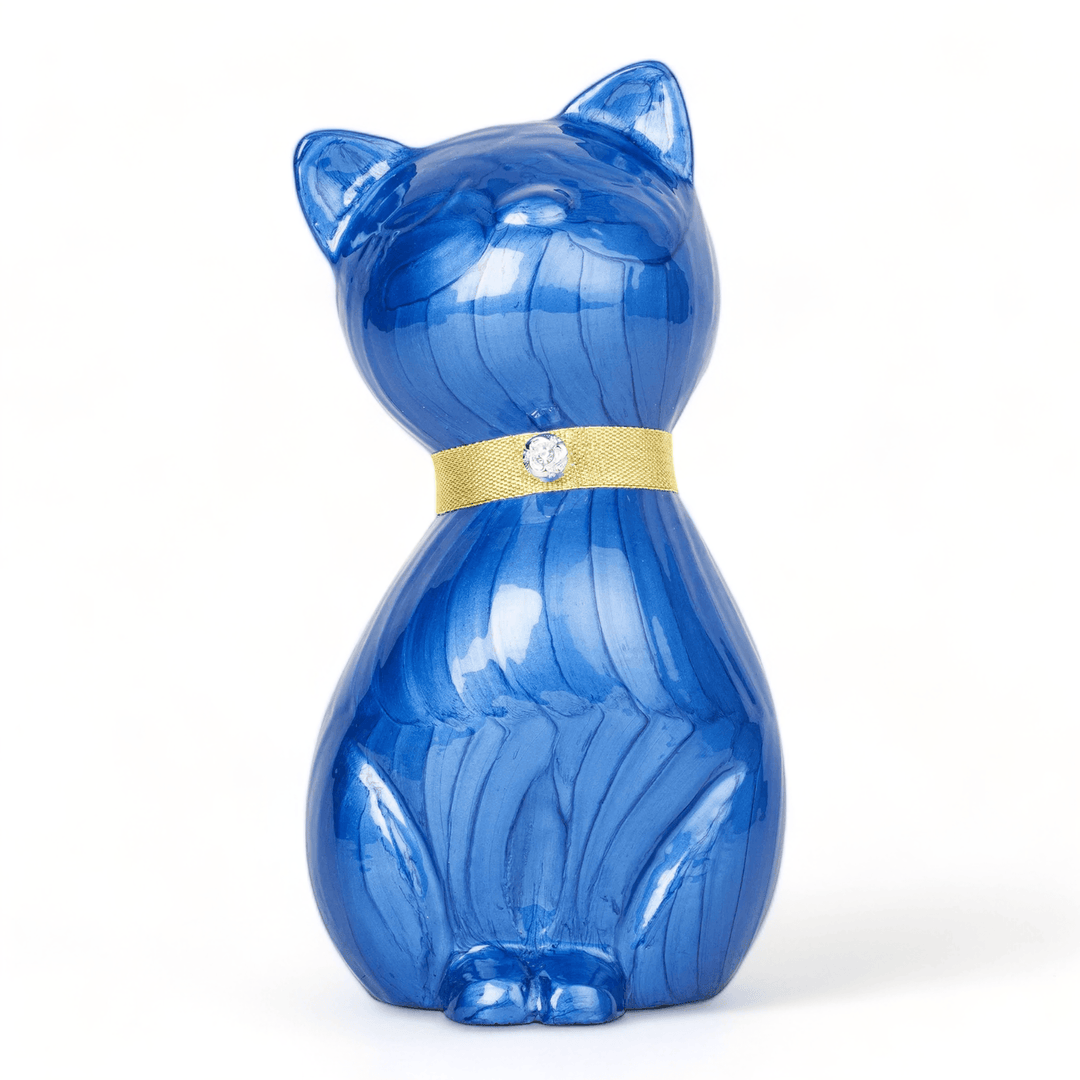 Elegance Cat Cremation Urn with Gold Collar and Rhinestone Accent - Blue - Angel Ashes