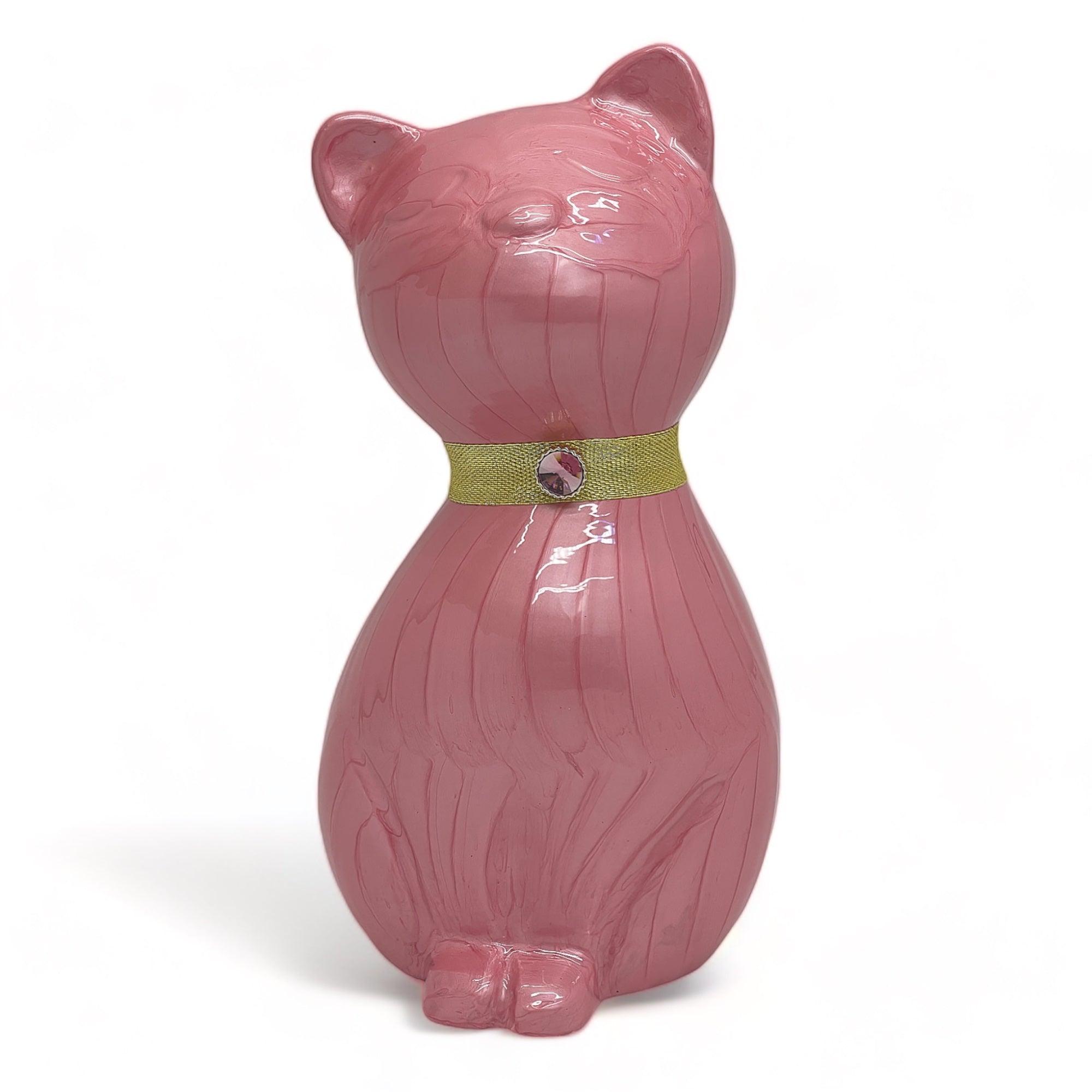 Elegance Cat Cremation Urn with Gold Collar and Rhinestone Accent - Pink - Angel Ashes