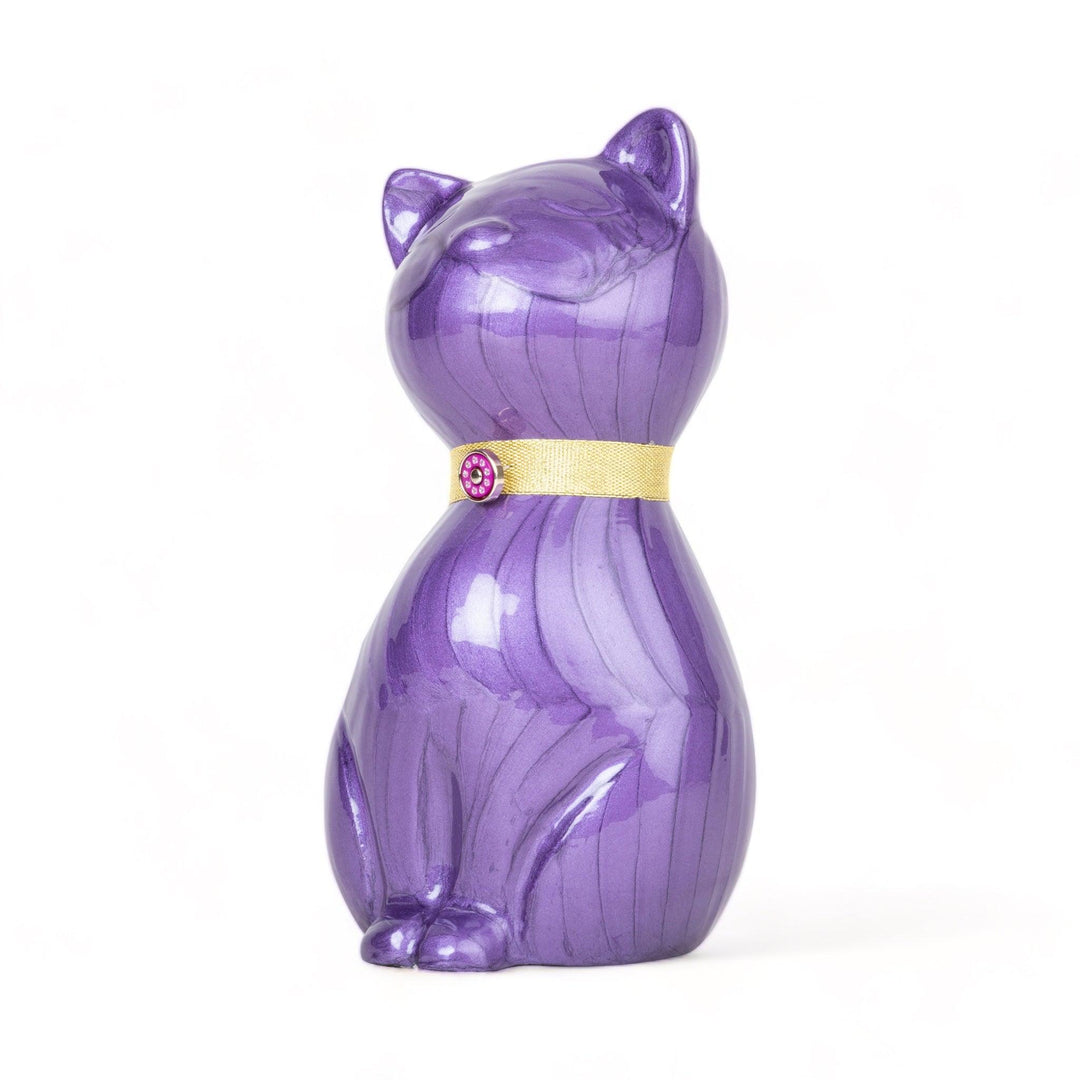 Elegance Cat Cremation Urn with Gold Collar and Rhinestone Accent - Purple - Angel Ashes