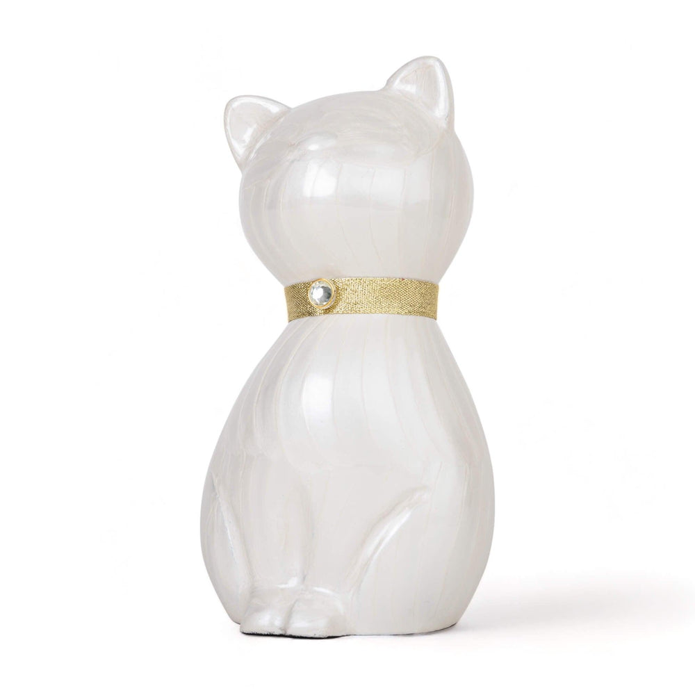 Elegance Cat Cremation Urn with Gold Collar and Rhinestone Accent - White - Angel Ashes
