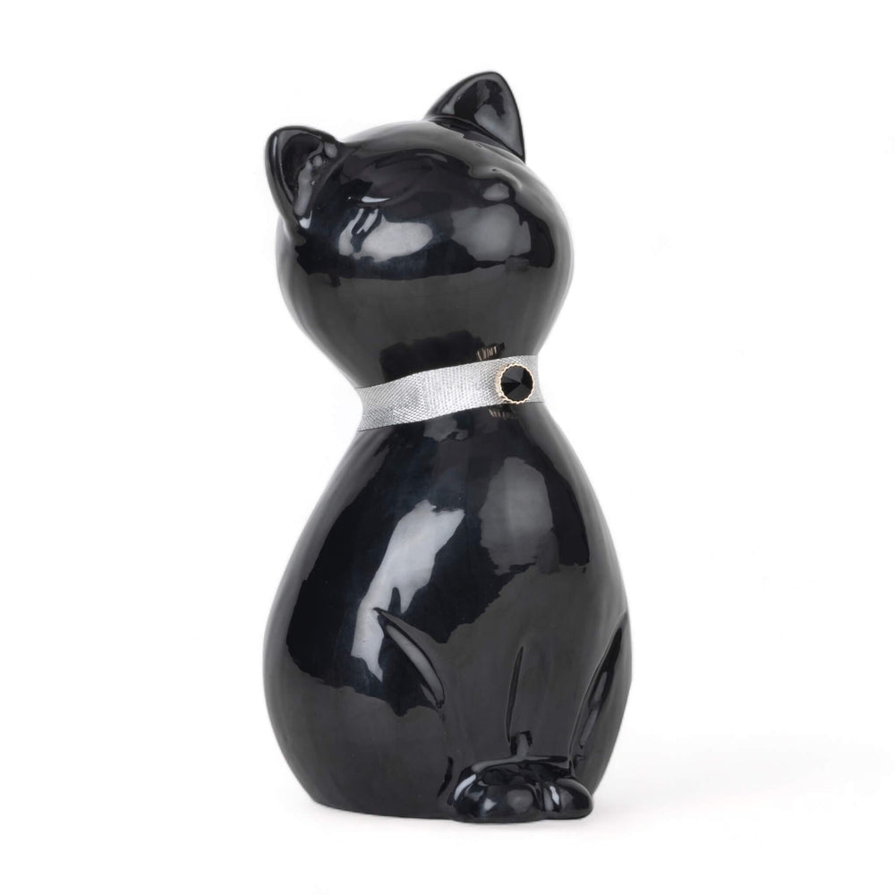 Elegance Cat Cremation Urn with Silver Collar and Rhinestone Accent - Black - Angel Ashes
