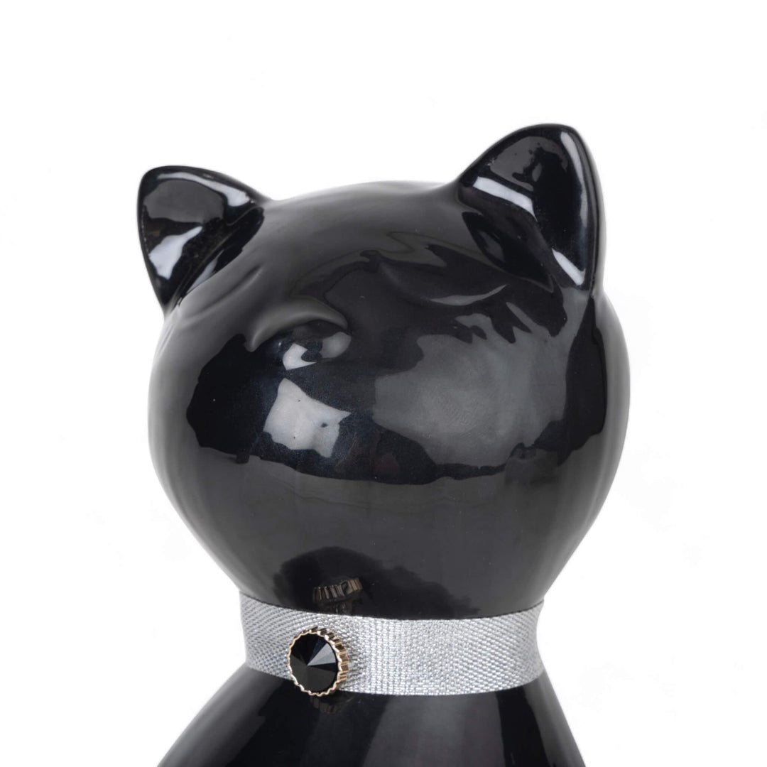 Elegance Cat Cremation Urn with Silver Collar and Rhinestone Accent - Black - Angel Ashes