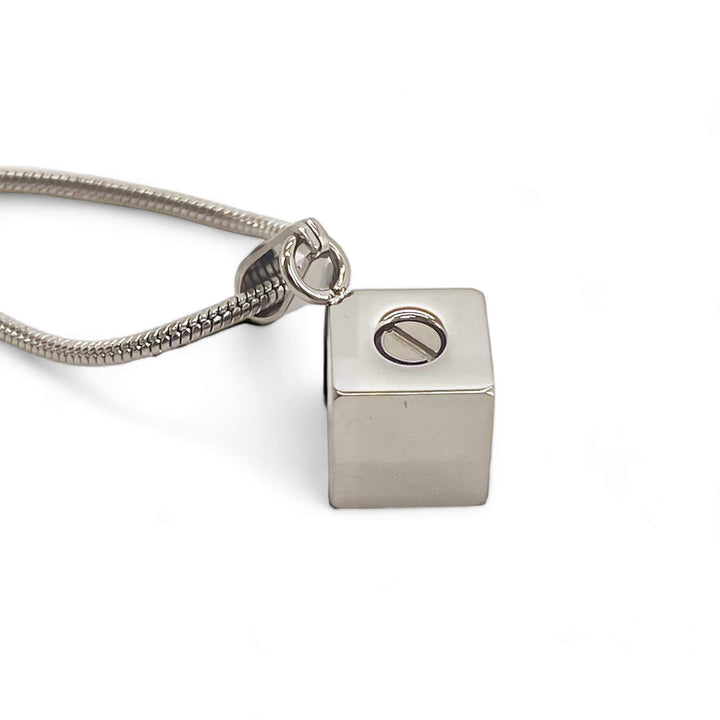 Cube Pet Stainless Steel Ashes Pendant - Modern Memorial Necklace with Snake Chain