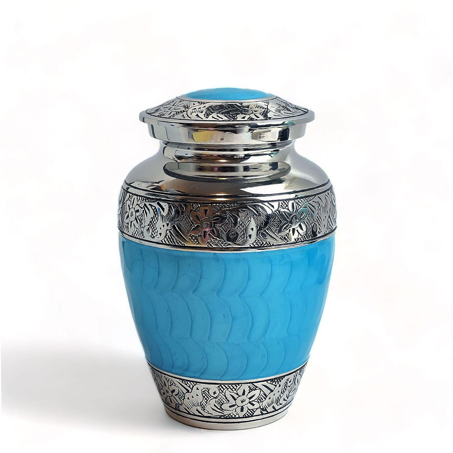 Filigree Engraved Pet Urn with Gloss Finish - Blue - Angel Ashes
