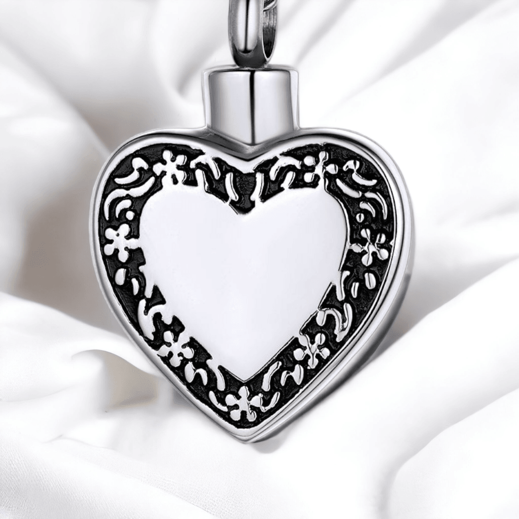 Filigree Heart Pet Cremation Pendant with Snake Chain - Angel Ashes