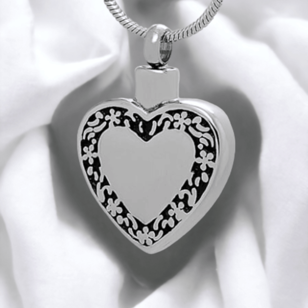 Filigree Heart Pet Cremation Pendant with Snake Chain - Angel Ashes