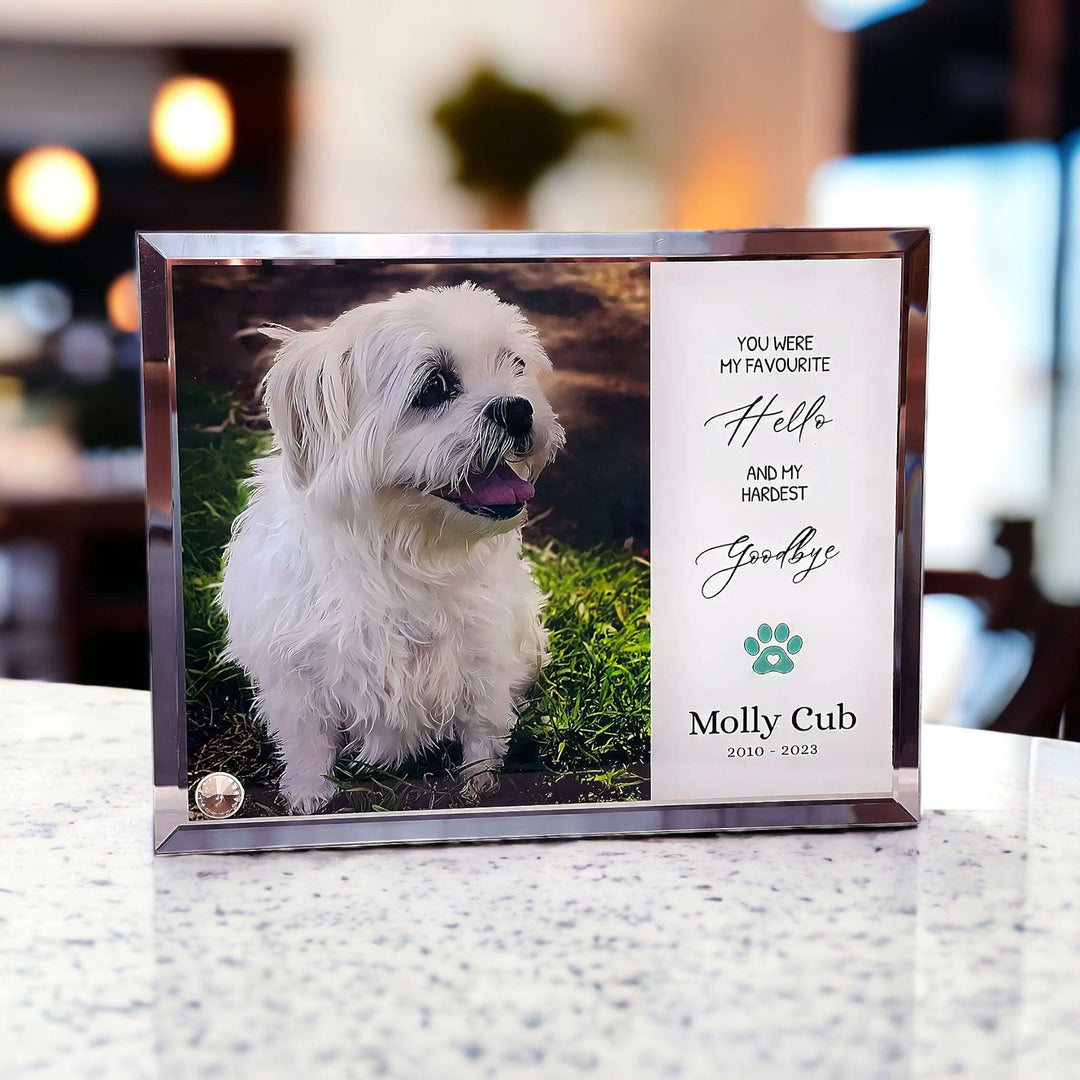 'My/Our Hardest Goodbye' Sublimated Pet Memorial Mirror Edge on Glass Tribute - Angel Ashes