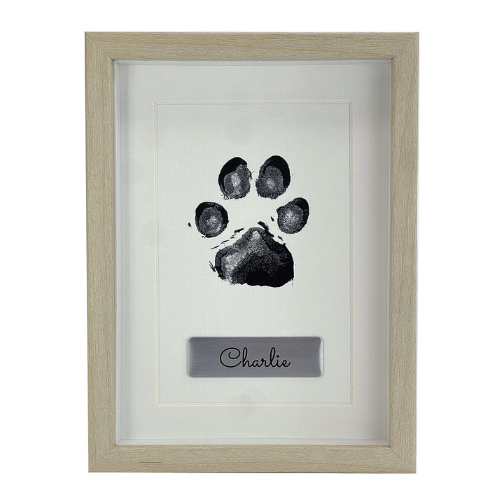Original Pet Paw Ink Print on Linen Card, 5x7 Frame with Custom Gold or Silver Metal Name Plate - Angel Ashes