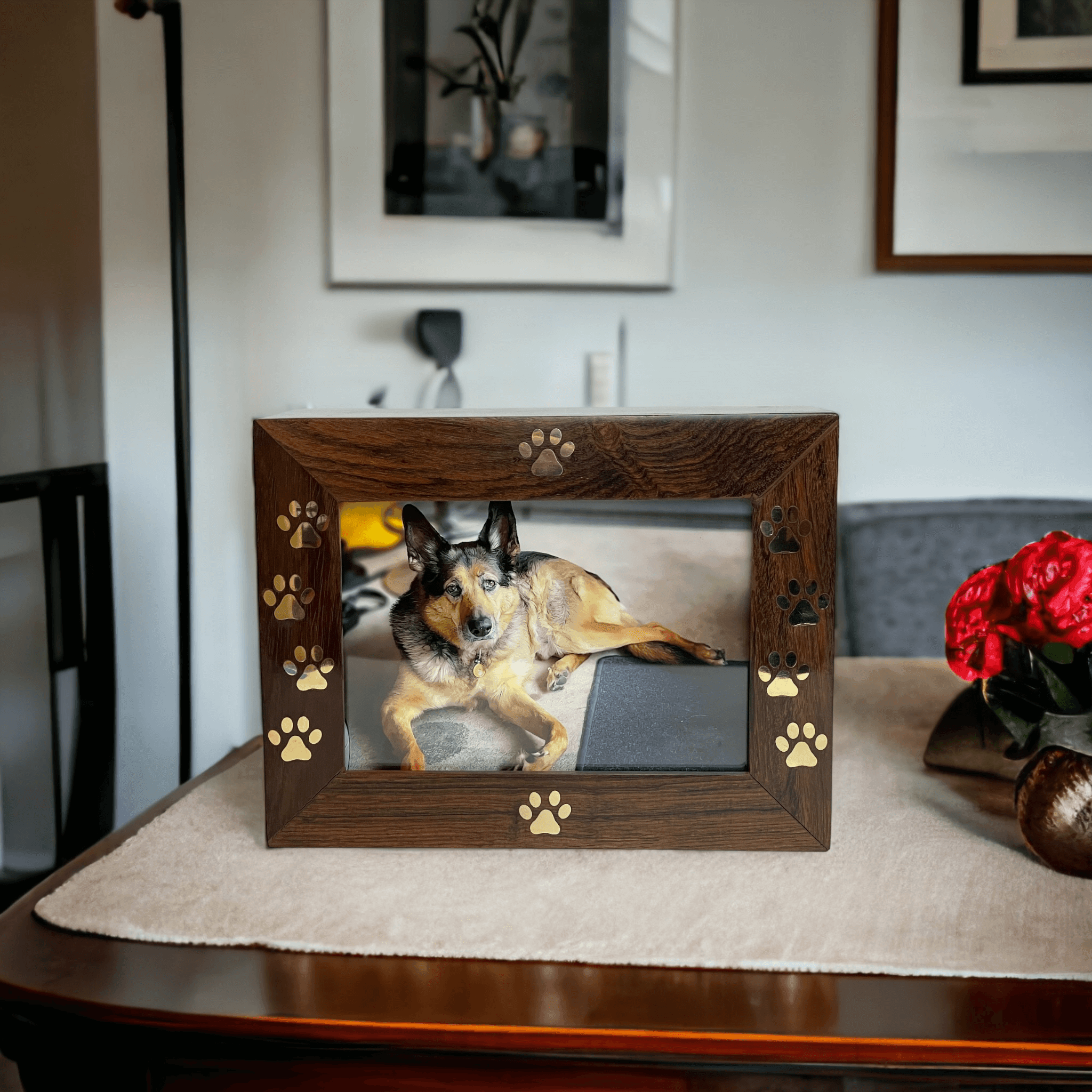 Paws to Heaven Premium Rosewood with Brass Paws | 4x6 Photo Frame Pet Urn - Angel Ashes