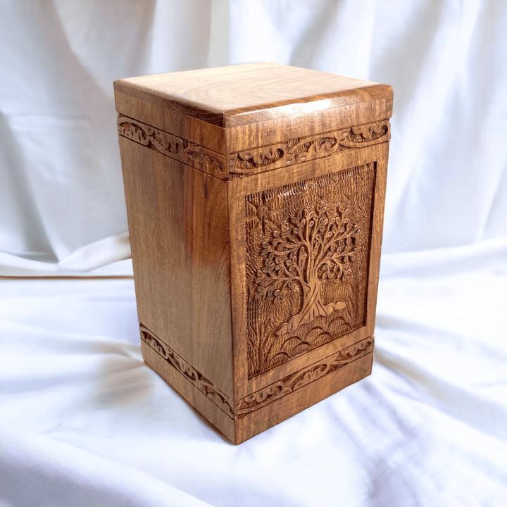 Premium Indian Rosewood Pet Urn with Tree of Life Carving - Angel Ashes