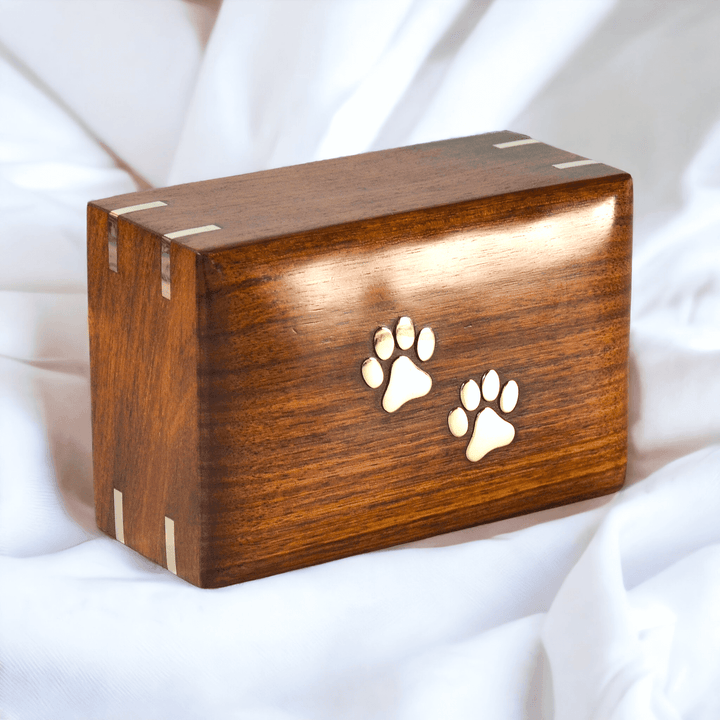 Premium Rosewood Timber Brass Paws Pet Cremation Urn Box - Angel Ashes