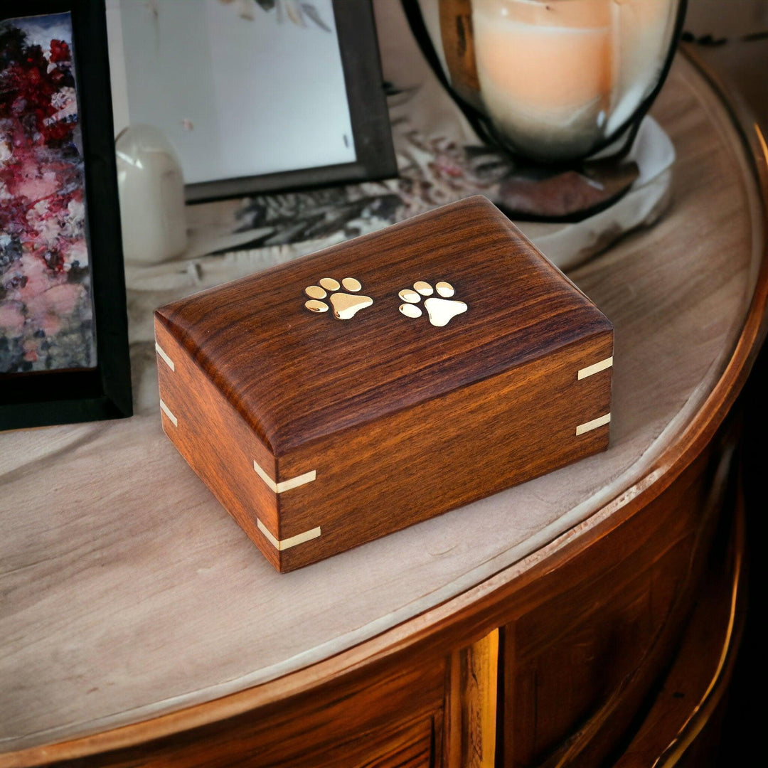Premium Rosewood Timber Brass Paws Pet Cremation Urn Box - Angel Ashes