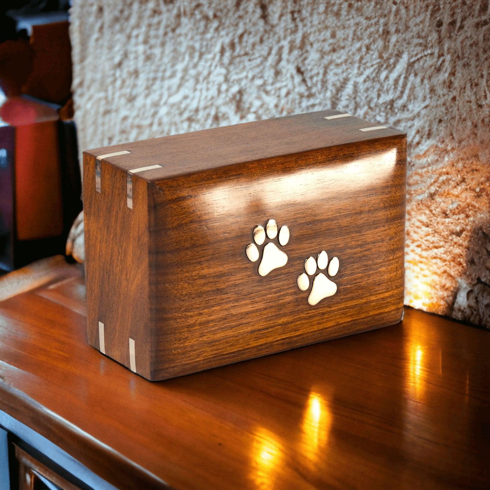Premium Rosewood Timber Brass Paws Pet Cremation Urn Box - Angel Ashes